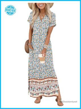 Maxi Dress with Pockets V-Neck Short Sleeve Side Slit Summer